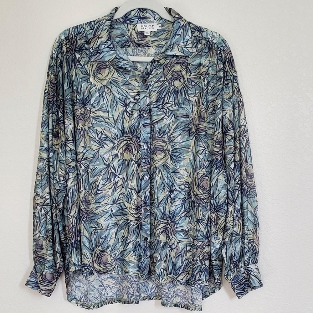 Molly Bracken Light/Airy Flowy Button Down V-Neck Artsy Floral Top, Med, EUC